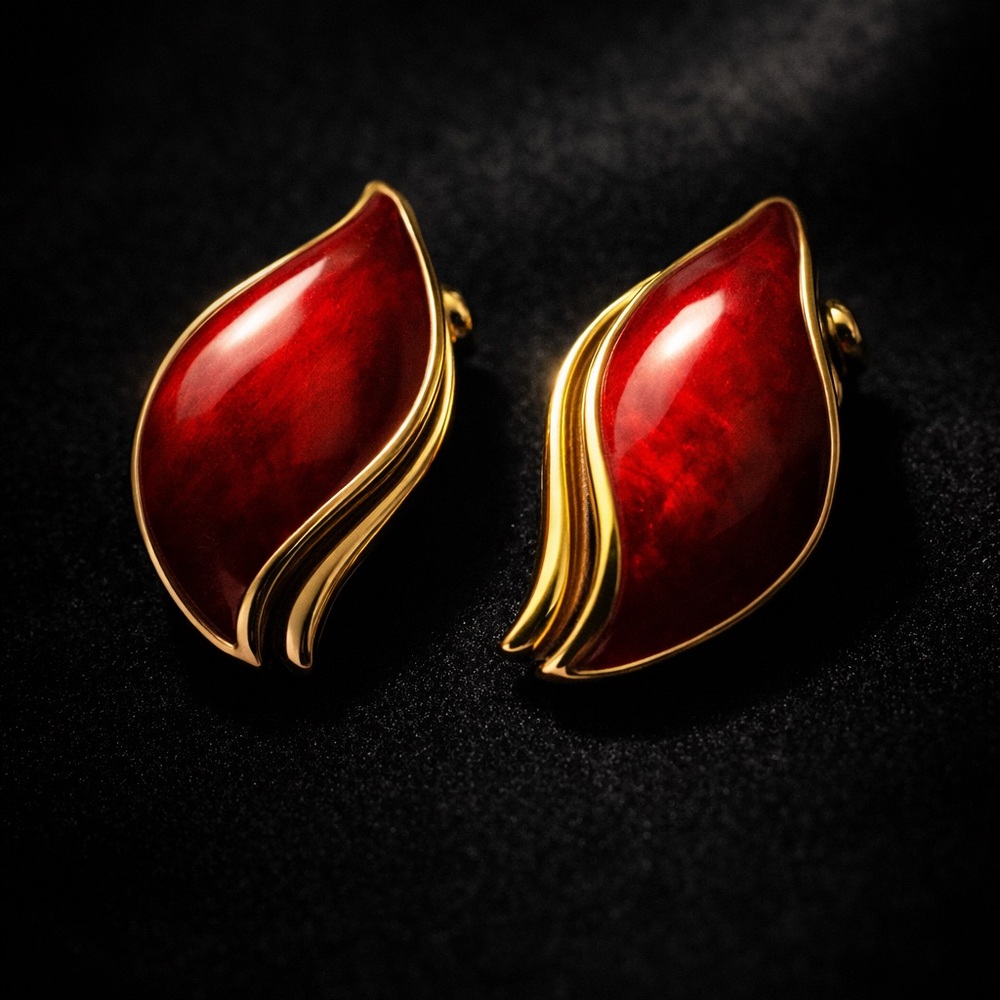 Vintage 80s Red Pearlescent Enamel Gold Wave Stud Earrings Statement Bold Retro